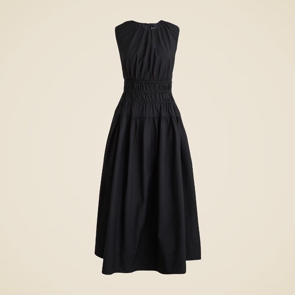 NWT!! J. CREW Hyacinth Dress Smocked Cotton Poplin Black Midi Pockets Small Tall - Picture 12 of 16